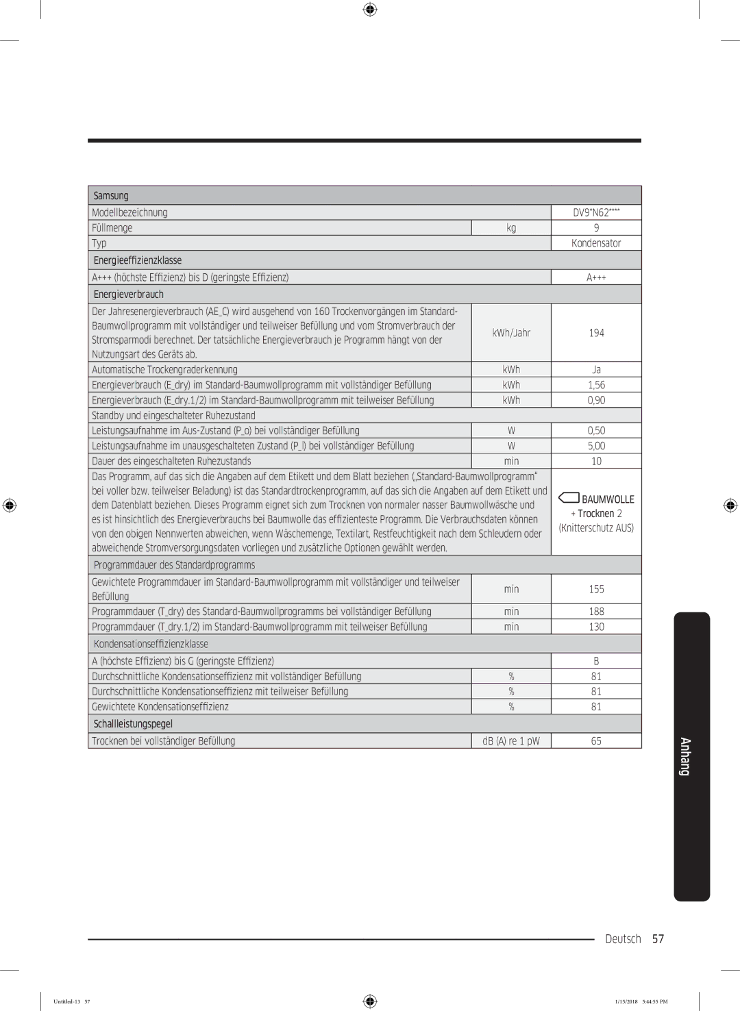 Samsung DV81N62532W/EG, DV90N8289AW/EG manual Deutsch 57  